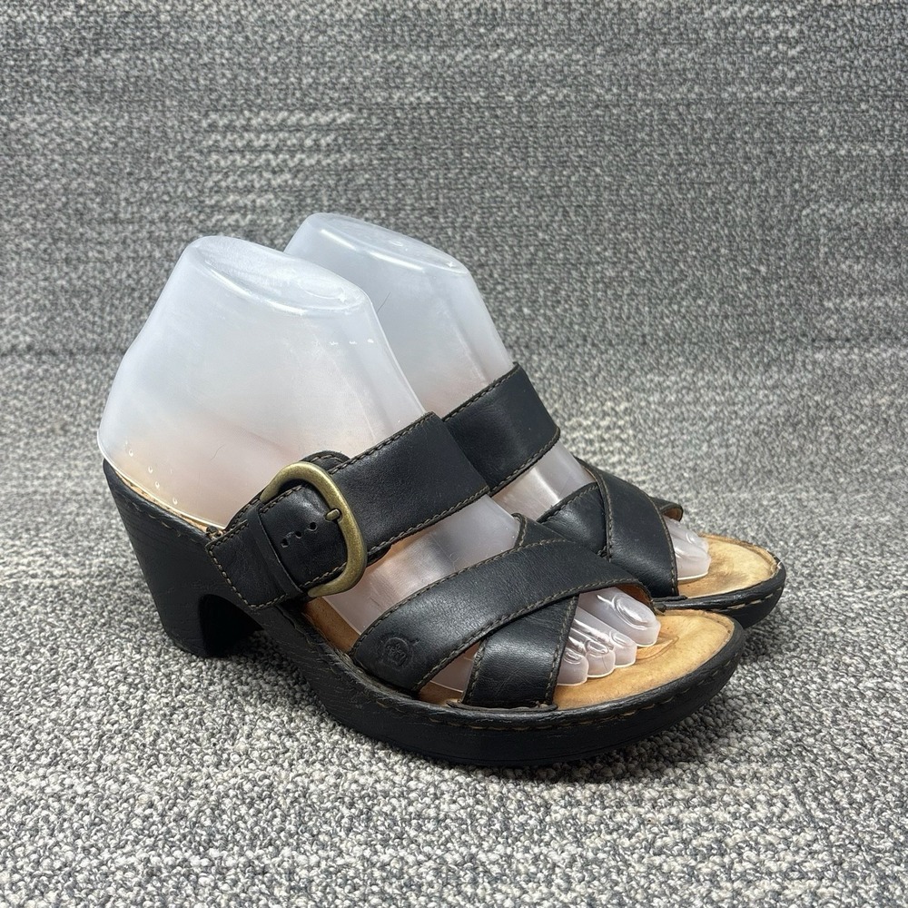 Born B92903 Black Leather Heeled Slide Sandals Women's Size 7 M Comfort Clogs